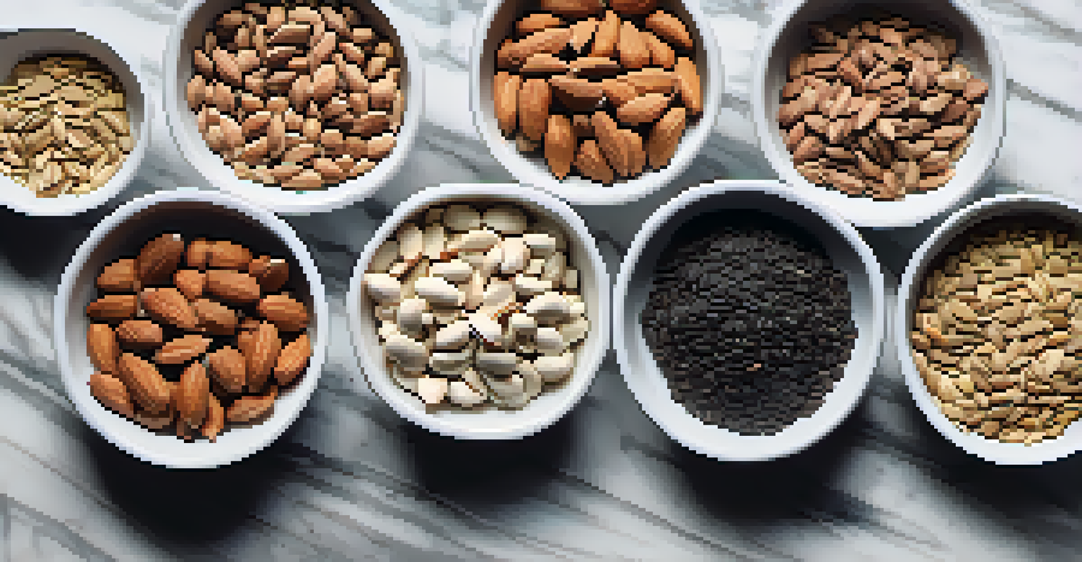 An artistic display of various nuts and seeds in bowls on a marble surface, garnished with herbs.