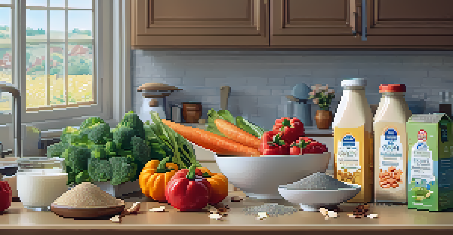 A kitchen countertop with various vegan substitutes including almond milk and chia seeds.