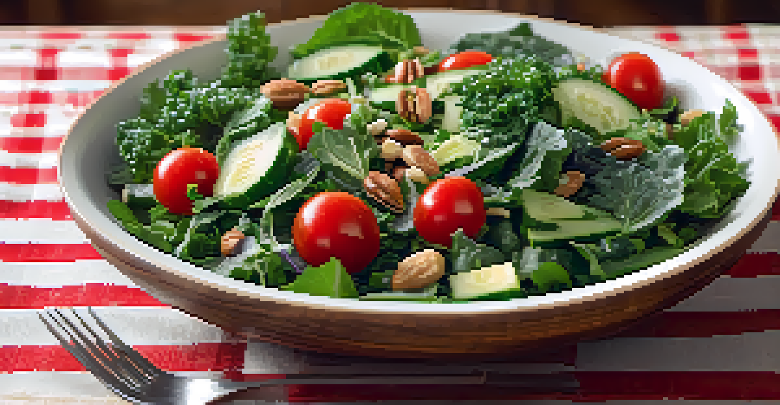 A colorful salad with leafy greens, cherry tomatoes, and nuts in a wooden bowl on a patterned tablecloth.