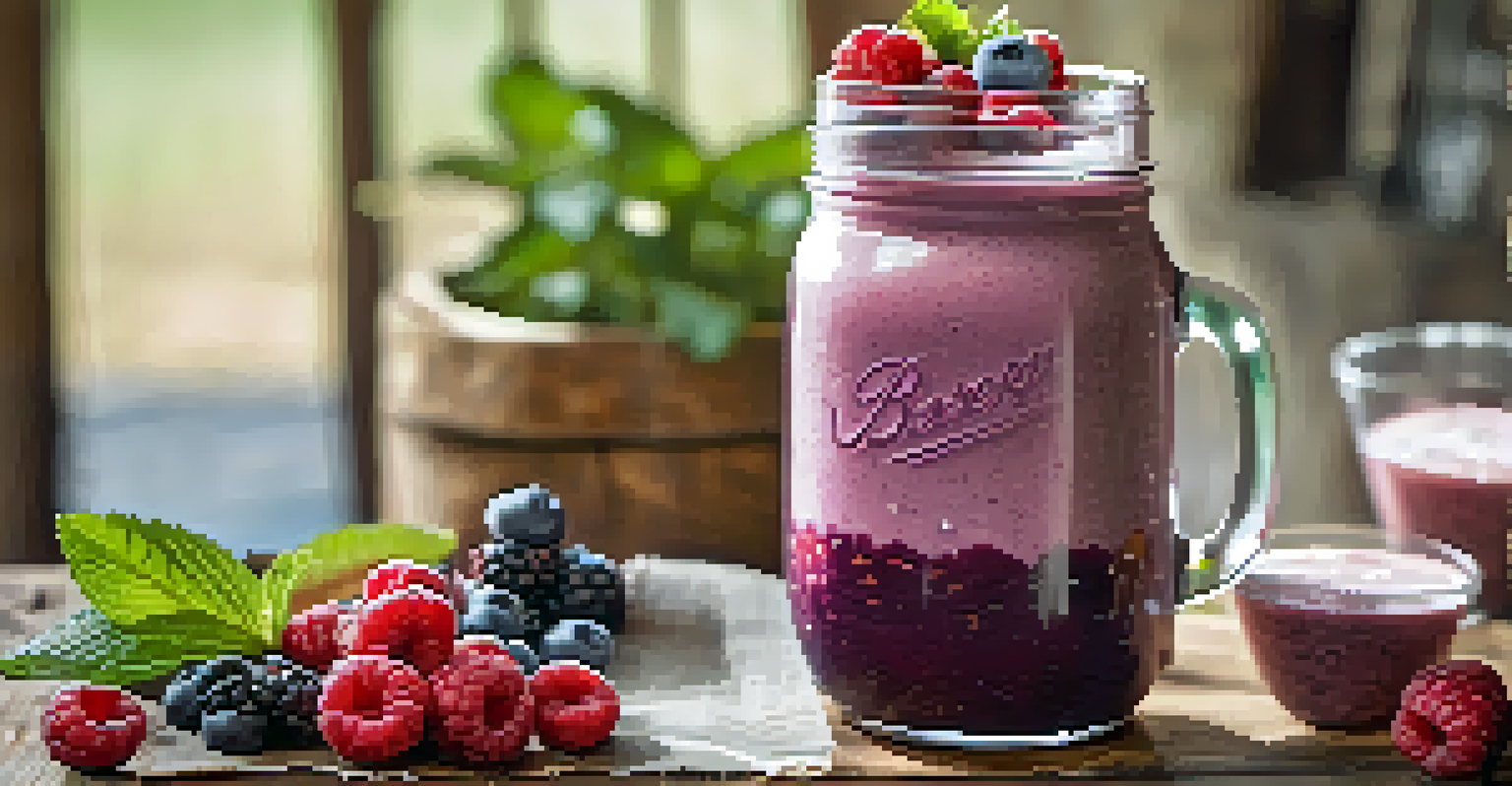 A berry smoothie in a mason jar, made with frozen berries and banana, surrounded by fresh berries and mint leaves on a wooden table.