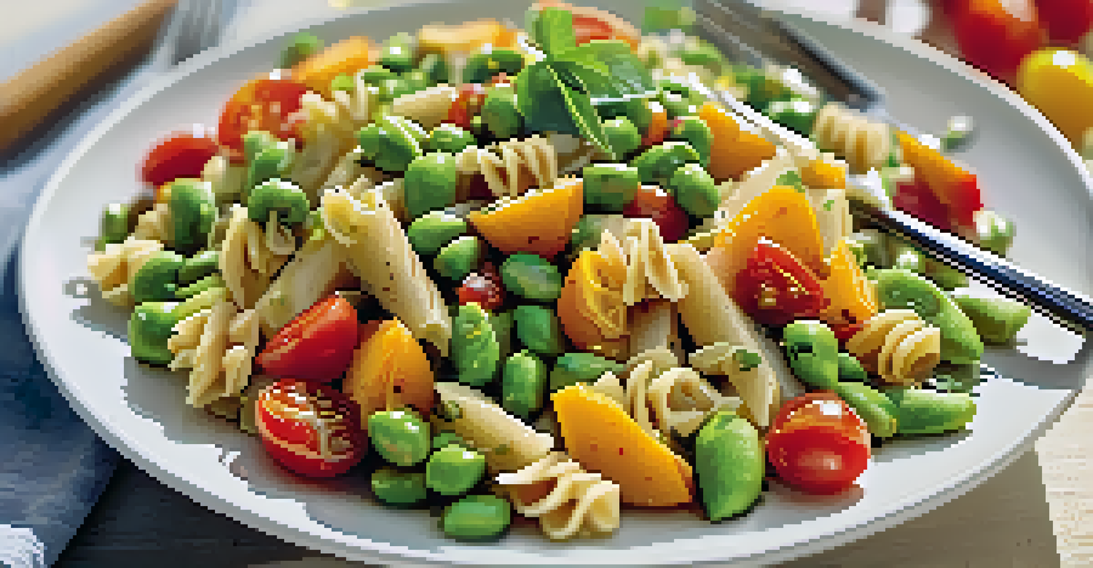 A close-up of a vegan pasta salad on a white plate, showcasing tomatoes, edamame, and sweet potatoes, with a fork beside it.