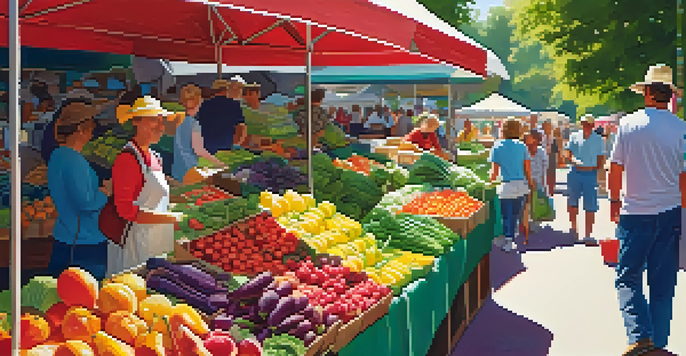 A lively farmer's market with colorful fruits and vegetables, sunlight filtering through trees, and a reusable shopping bag in the foreground.