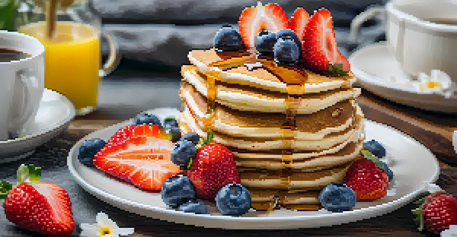 A stack of fluffy vegan pancakes topped with fresh fruits and maple syrup, accompanied by coffee and flowers in the background.