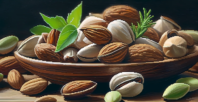 A close-up of a wooden bowl filled with various colorful nuts like almonds, walnuts, and pistachios, with fresh herbs around it.