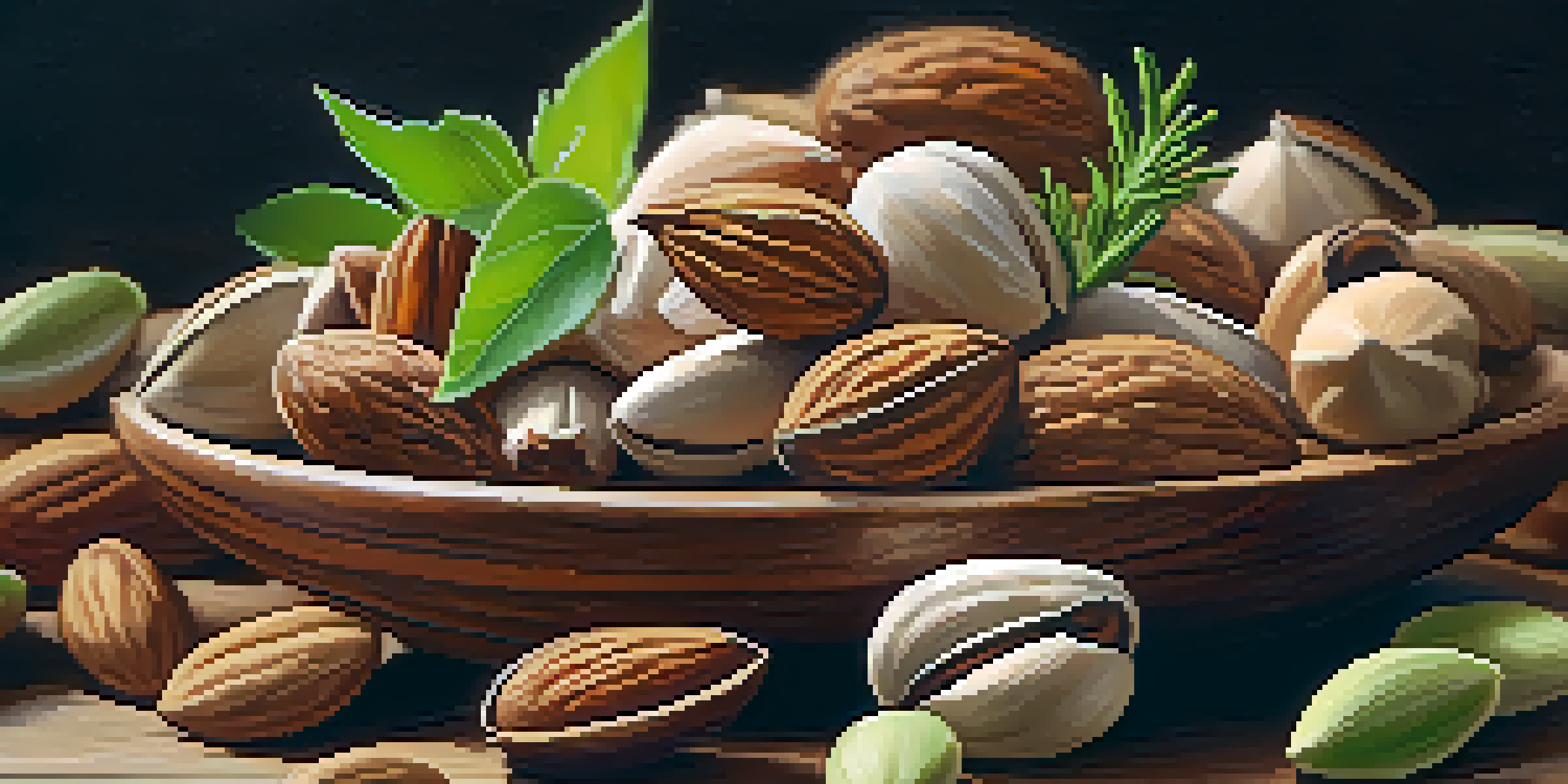 A close-up of a wooden bowl filled with various colorful nuts like almonds, walnuts, and pistachios, with fresh herbs around it.