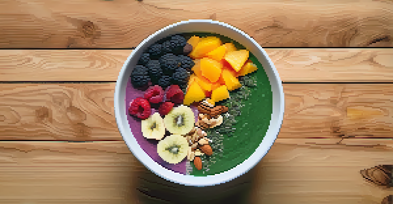An overhead view of a smoothie bowl topped with leafy greens, fruits, seeds, and edible flowers, set on a wooden surface.