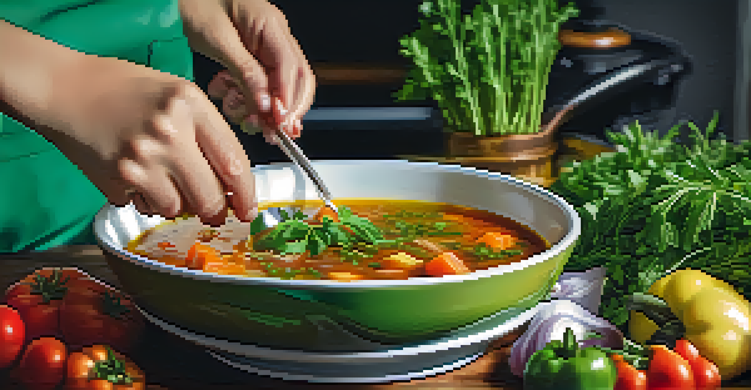 A close-up of a hand adding fresh herbs to a slow cooker filled with colorful vegetable soup.