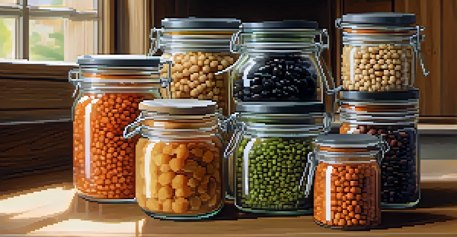 An assortment of legumes in glass jars on a wooden table, labeled and illuminated by natural light from a window.