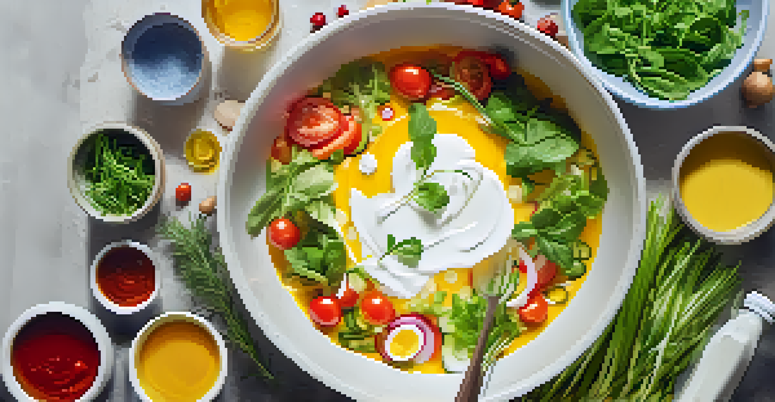 An overhead view of a salad dressing being made with aquafaba, surrounded by fresh vegetables and herbs.