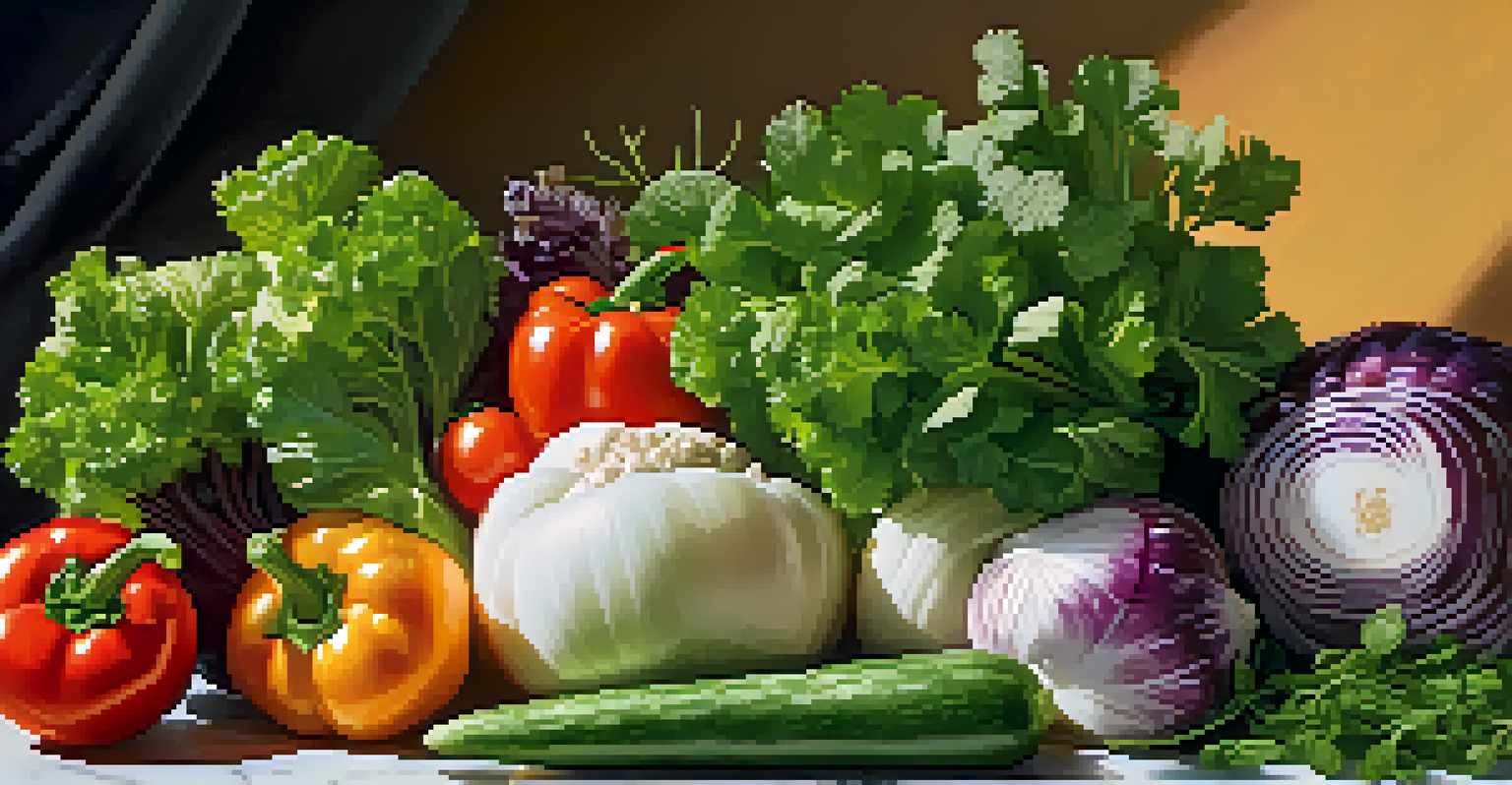 An artistic arrangement of fresh vegetables and herbs on a marble countertop, highlighted by warm backlighting during the golden hour.