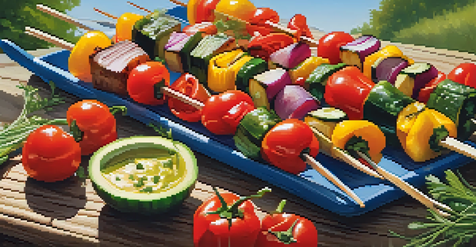 A summer cookout scene with colorful grilled vegetable skewers on a wooden table, surrounded by greenery and a clear blue sky.