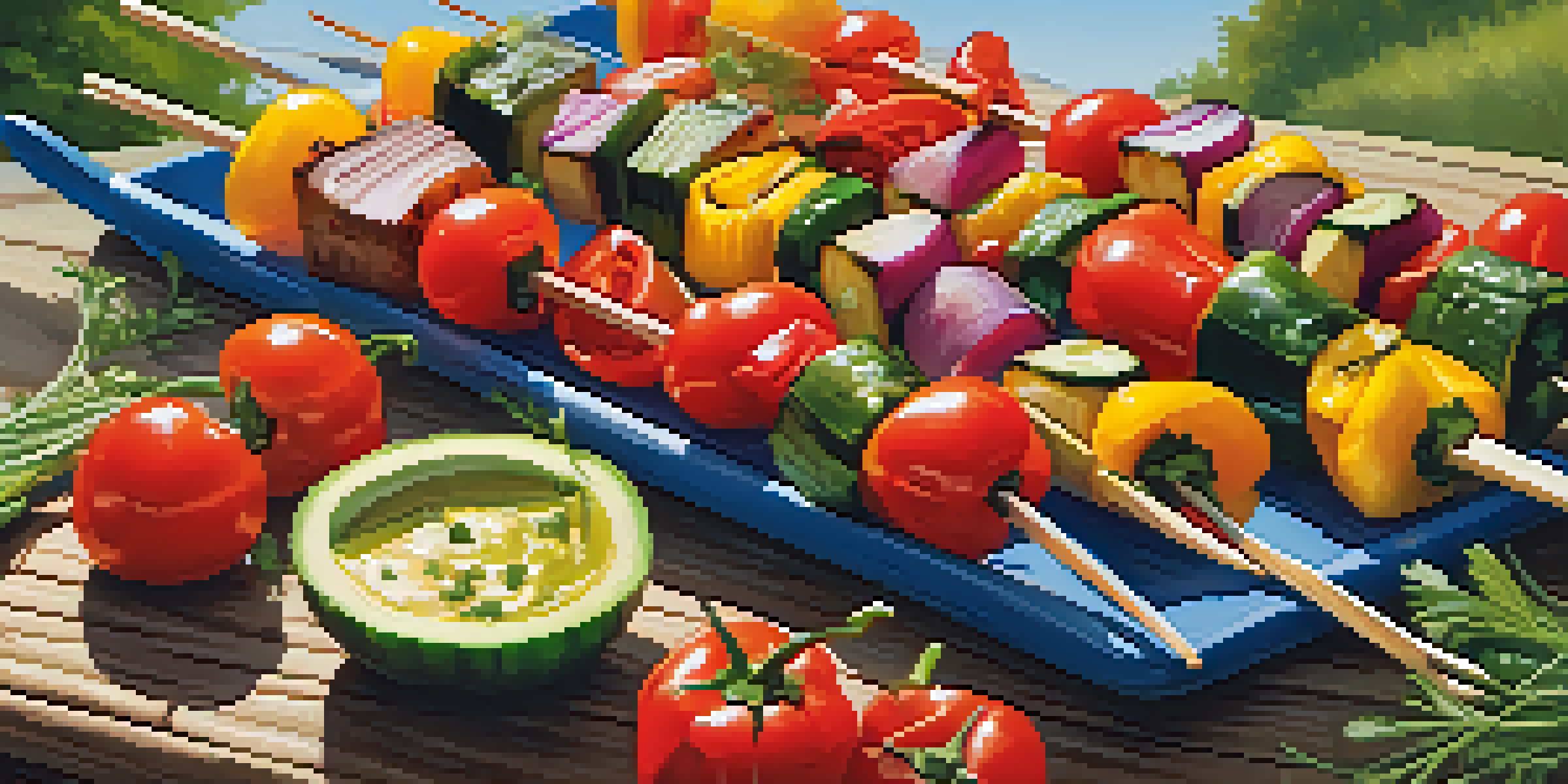 A summer cookout scene with colorful grilled vegetable skewers on a wooden table, surrounded by greenery and a clear blue sky.