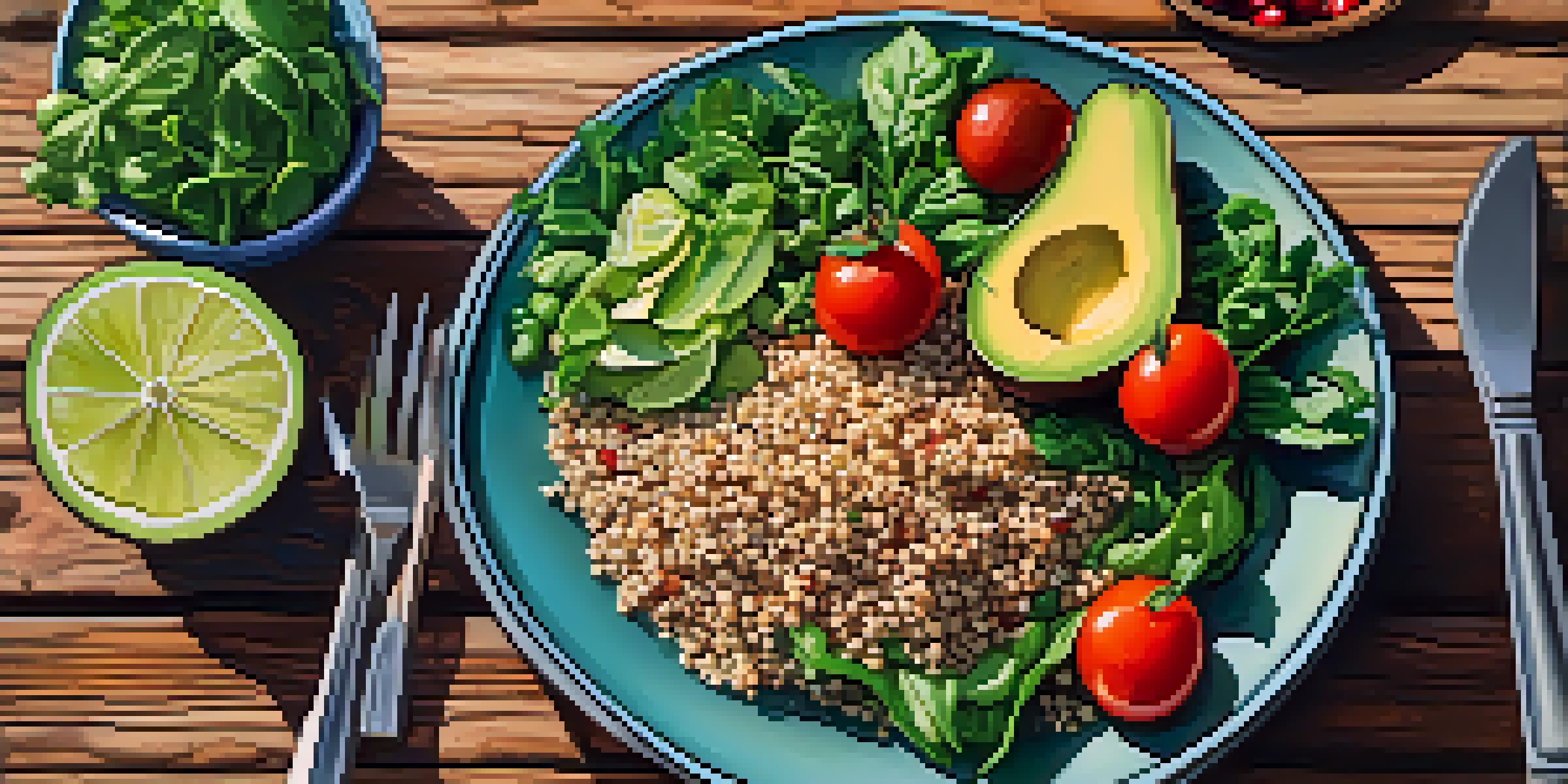 A colorful vegan meal plate featuring a salad with greens, avocado, tomatoes, and quinoa, illuminated by natural sunlight.