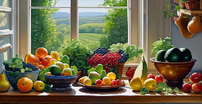 A bright kitchen table adorned with an assortment of fresh fruits and vegetables, illuminated by soft natural light.