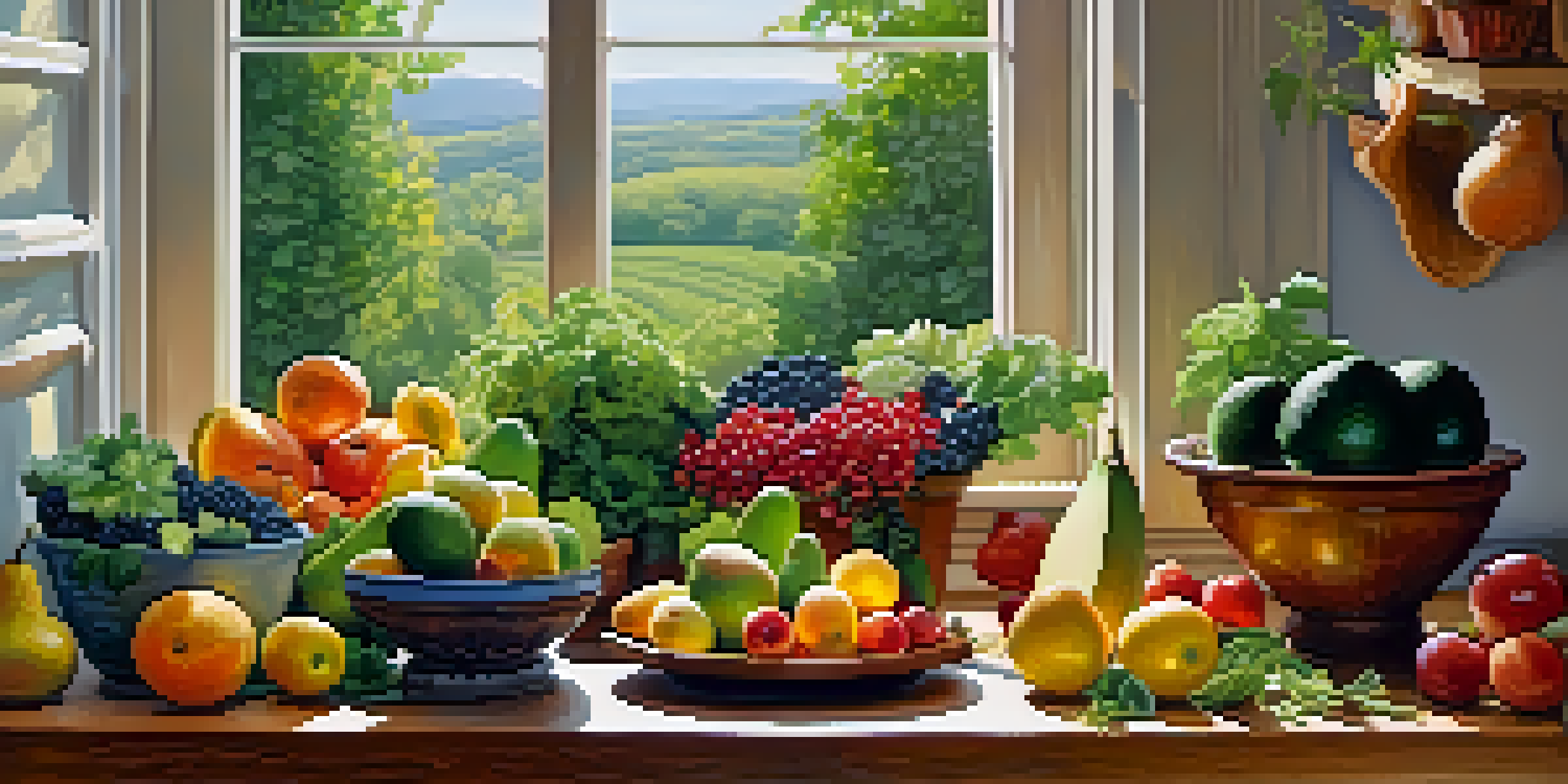 A bright kitchen table adorned with an assortment of fresh fruits and vegetables, illuminated by soft natural light.