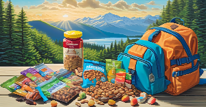 A colorful backpack filled with various vegan snacks surrounded by a scenic outdoor landscape.