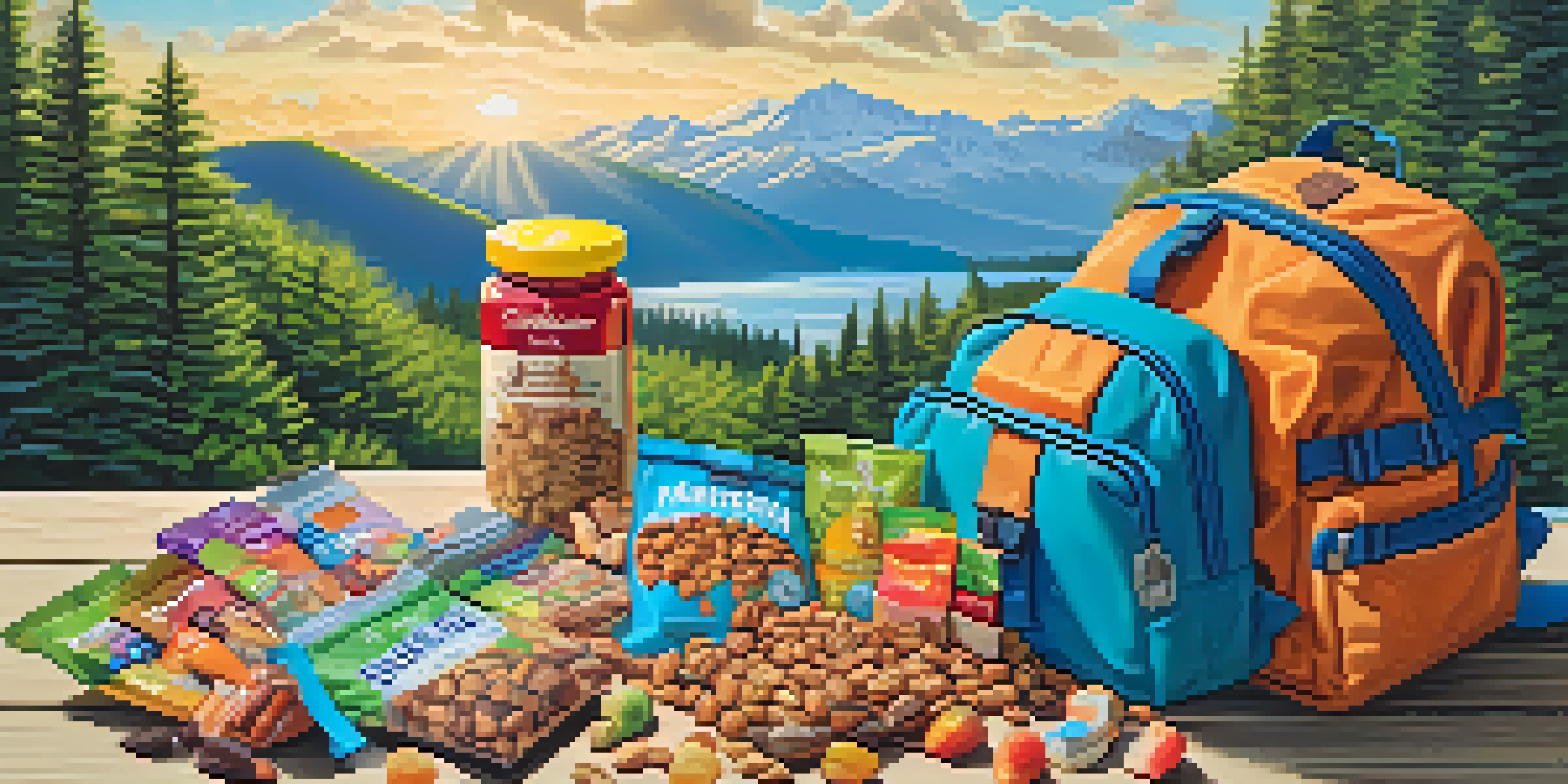 A colorful backpack filled with various vegan snacks surrounded by a scenic outdoor landscape.