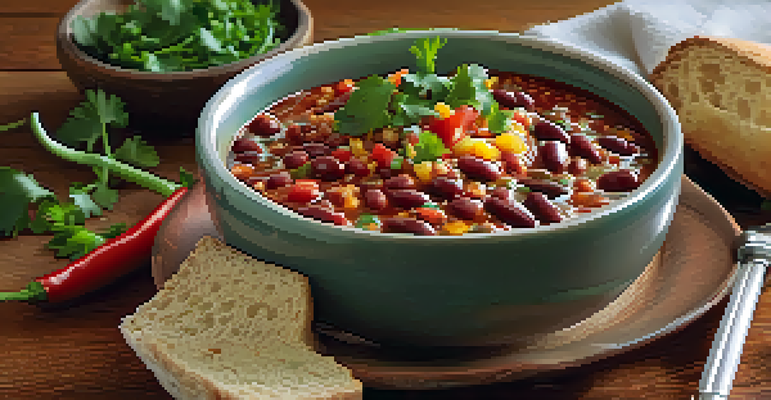 A steaming bowl of vegan chili topped with cilantro and served with whole-grain bread on a rustic table.