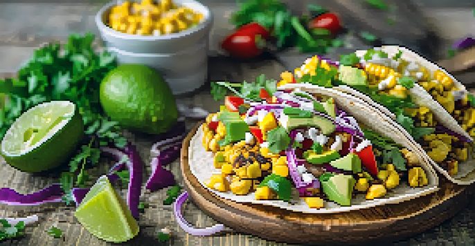 A colorful vegan taco with grilled corn and avocado, garnished with lime and cilantro on a wooden table.
