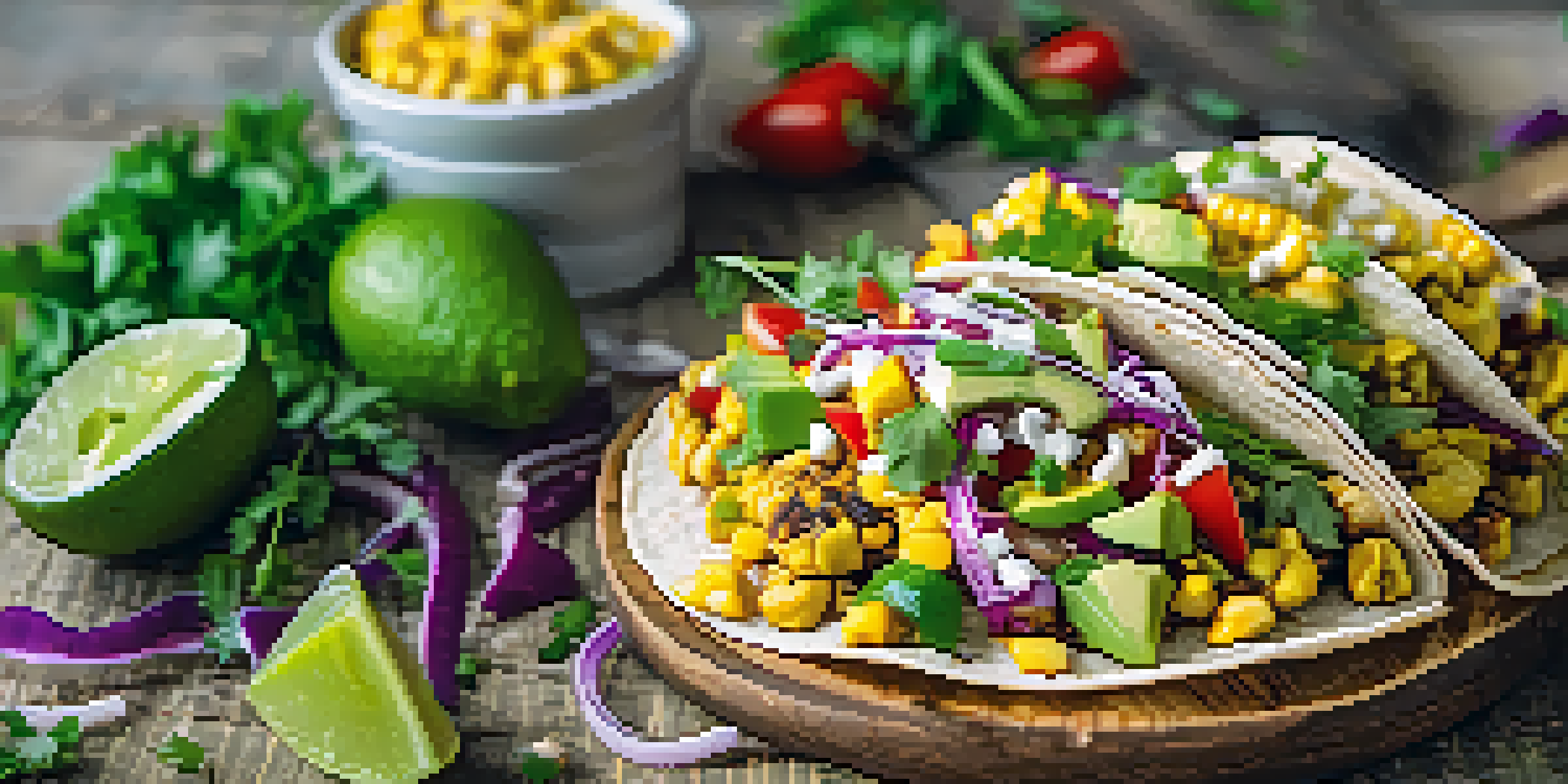 A colorful vegan taco with grilled corn and avocado, garnished with lime and cilantro on a wooden table.