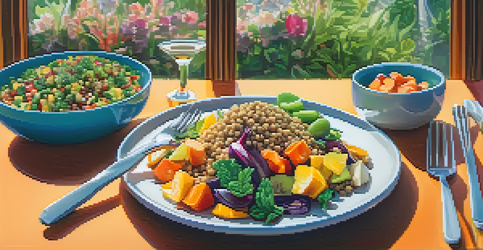 A close-up view of a colorful vegan plate with quinoa salad, roasted vegetables, and fresh fruit under natural light.
