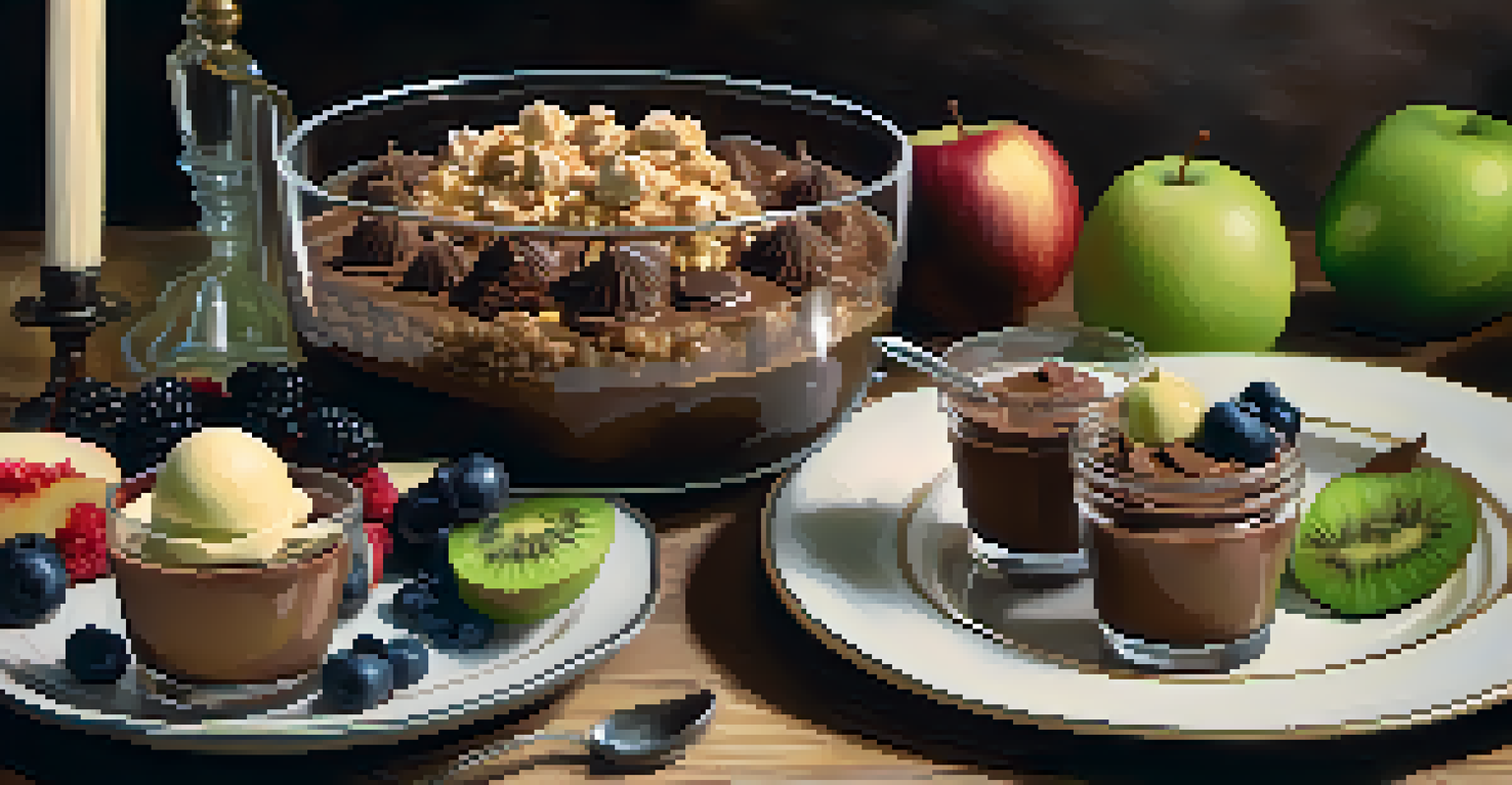 A delicious display of vegan desserts including chocolate mousse, apple crisp, and vegan cheesecake with fruits.