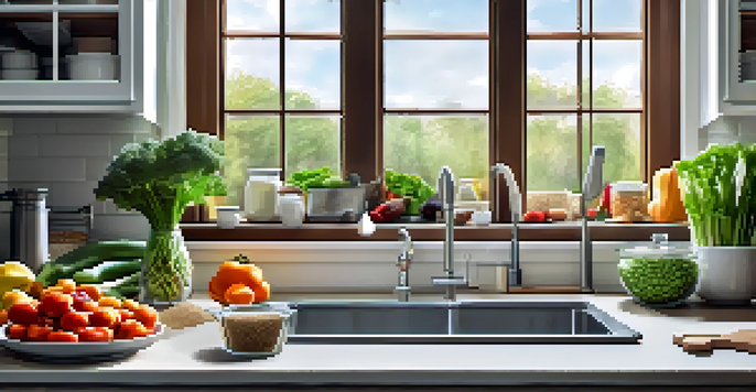 A well-organized kitchen workspace with colorful vegetables, grains in jars, and a cutting board, illuminated by soft natural light.