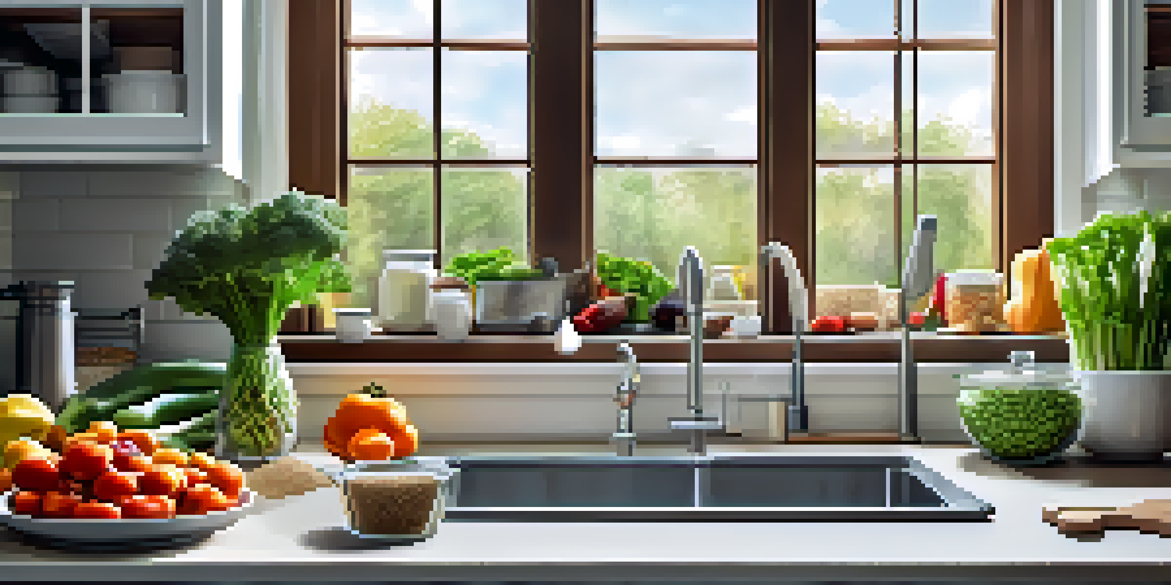 A well-organized kitchen workspace with colorful vegetables, grains in jars, and a cutting board, illuminated by soft natural light.