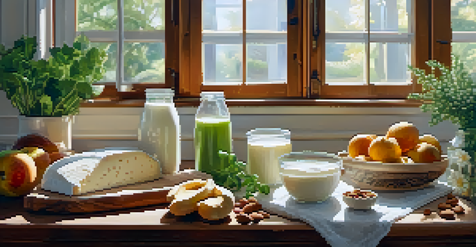 A warm kitchen setting with various plant-based dairy products like almond milk and oat milk on a wooden countertop, illuminated by sunlight.
