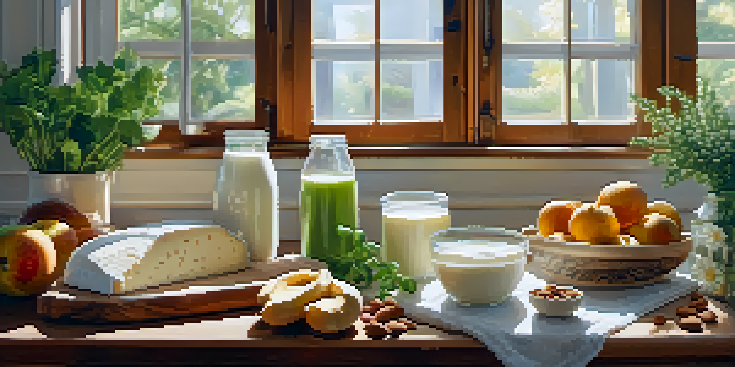 A warm kitchen setting with various plant-based dairy products like almond milk and oat milk on a wooden countertop, illuminated by sunlight.