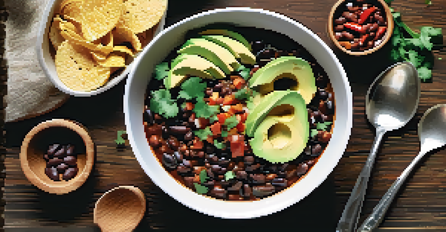 A bowl of black bean chili topped with avocado and cilantro, with spices in the background.