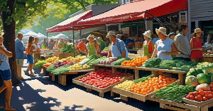 A bustling farmers' market filled with fresh vegetables and fruits under sunlight, with people engaging with local farmers.