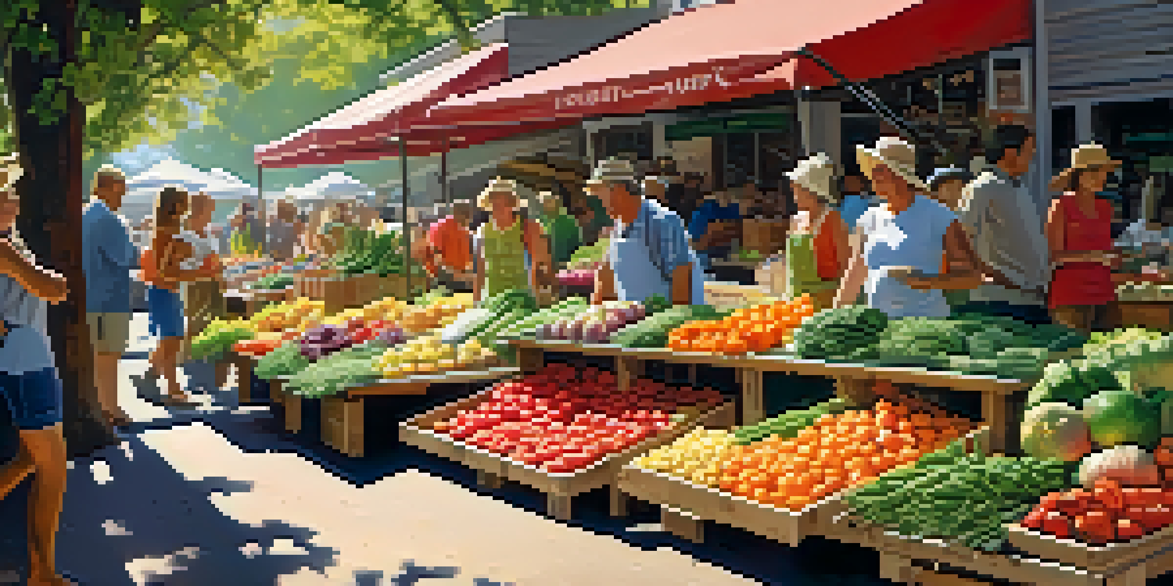 A bustling farmers' market filled with fresh vegetables and fruits under sunlight, with people engaging with local farmers.