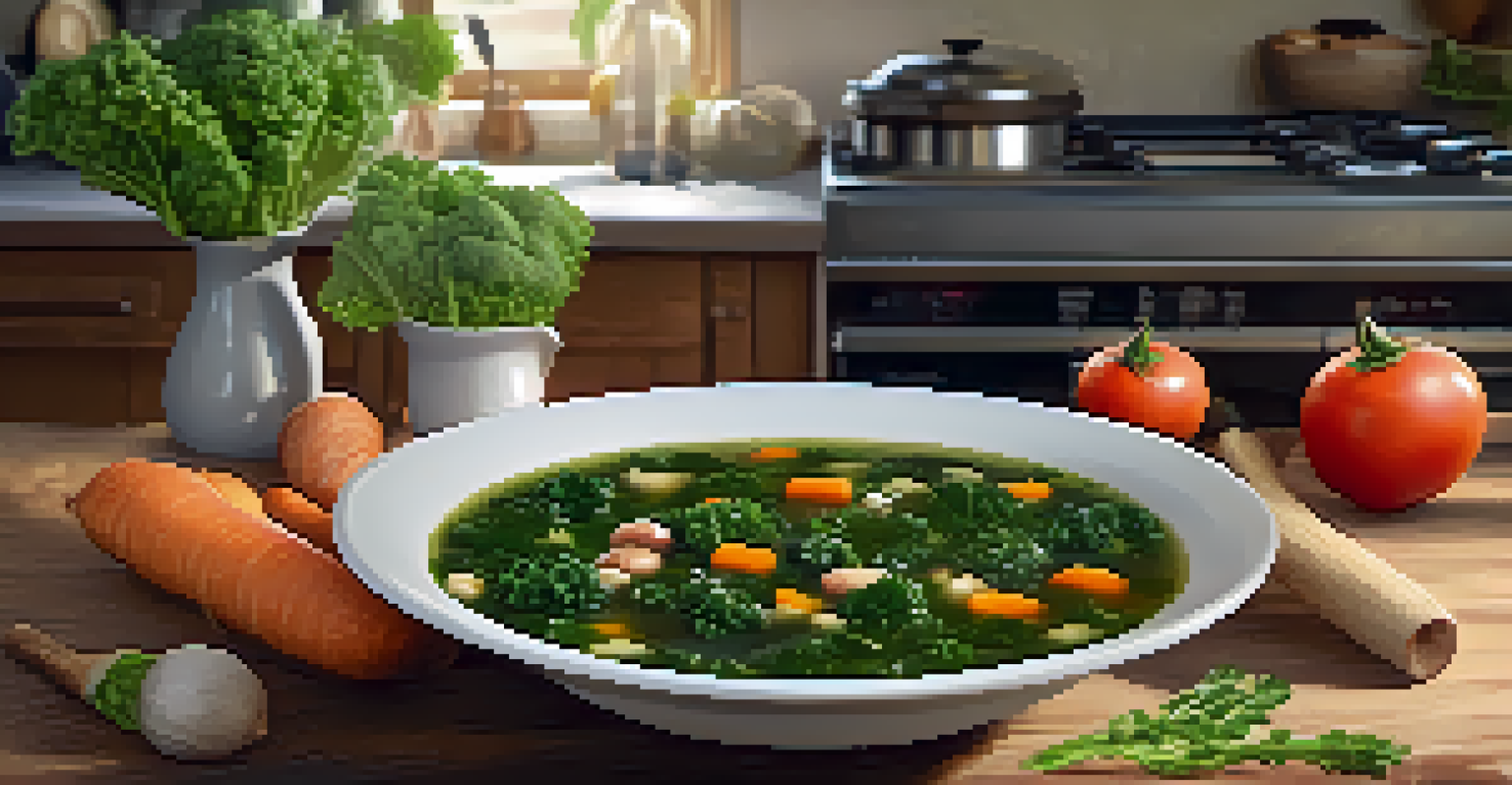 A bowl of hearty kale soup with beans and vegetables, garnished with fresh herbs in a cozy kitchen setting.
