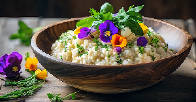 A vegan risotto made from cauliflower, served in a wooden bowl, garnished with herbs and edible flowers.