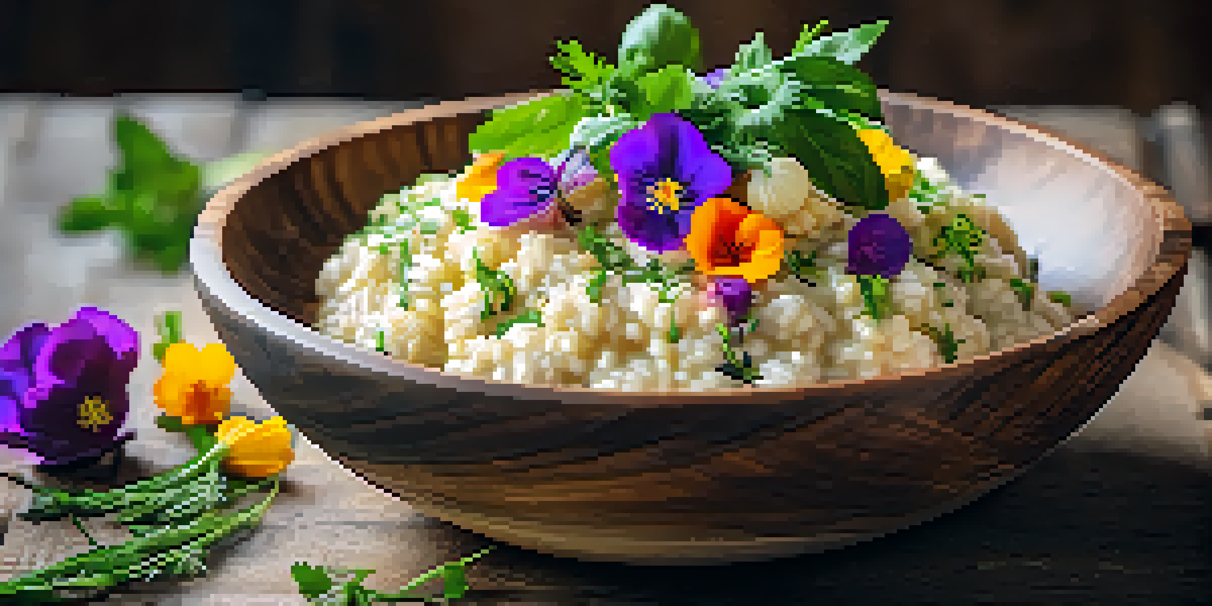 A vegan risotto made from cauliflower, served in a wooden bowl, garnished with herbs and edible flowers.