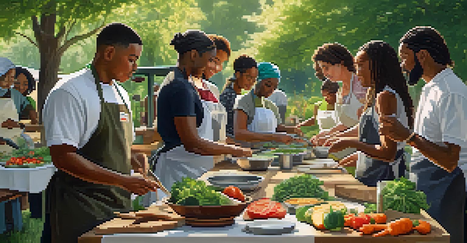 A diverse group of people engaged in a vegan cooking class outdoors, preparing meals together surrounded by nature.