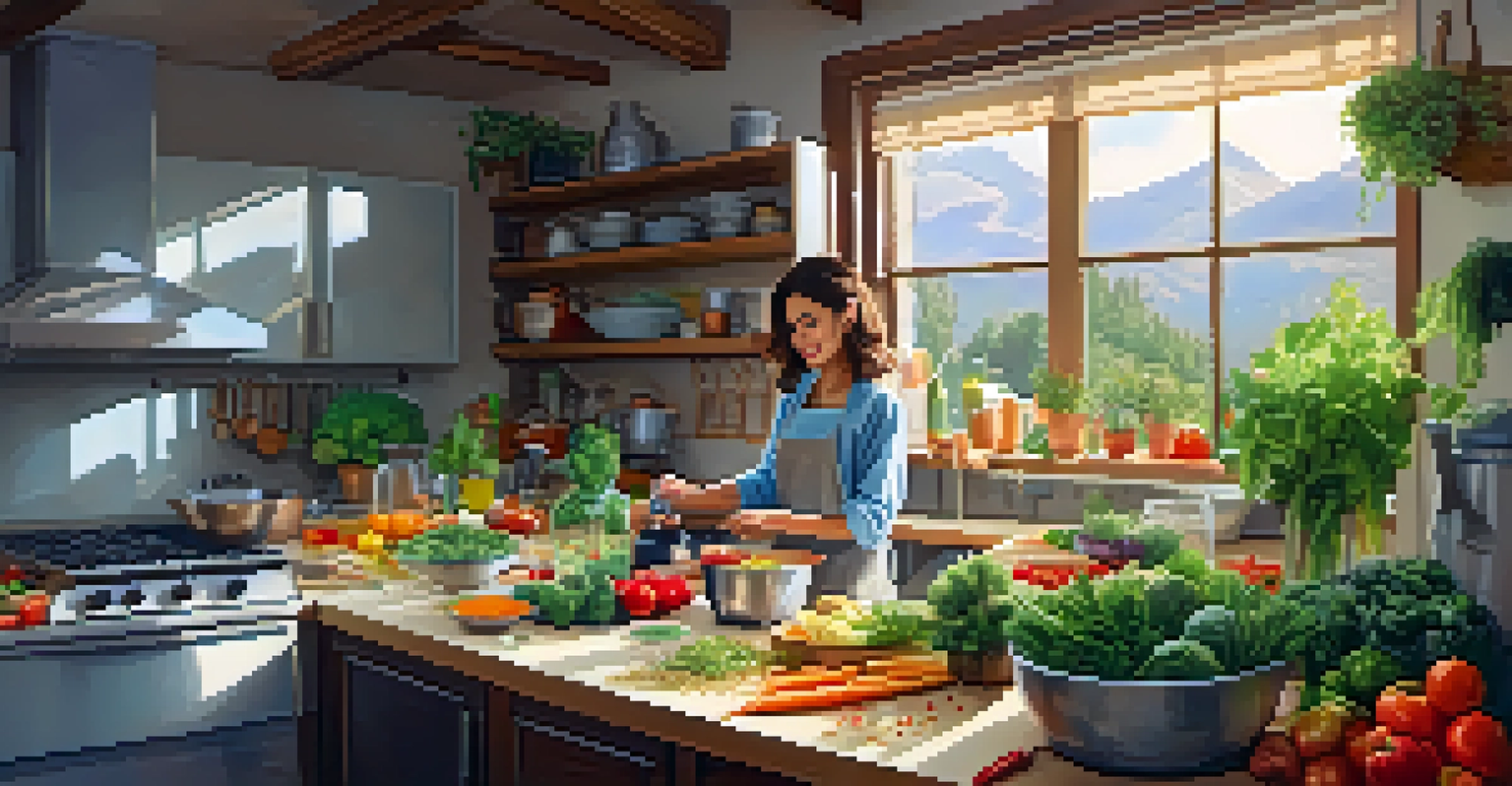 A warm kitchen where a person is preparing a vegan meal using colorful leftovers, showcasing an inviting and creative cooking environment.