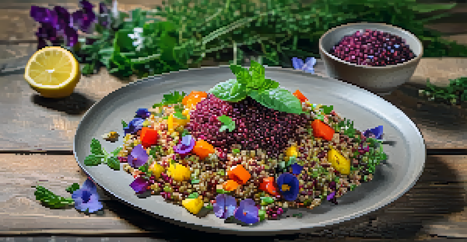 A plated vegan dish with quinoa and roasted vegetables, garnished with edible flowers, accompanied by a glass of infused water.