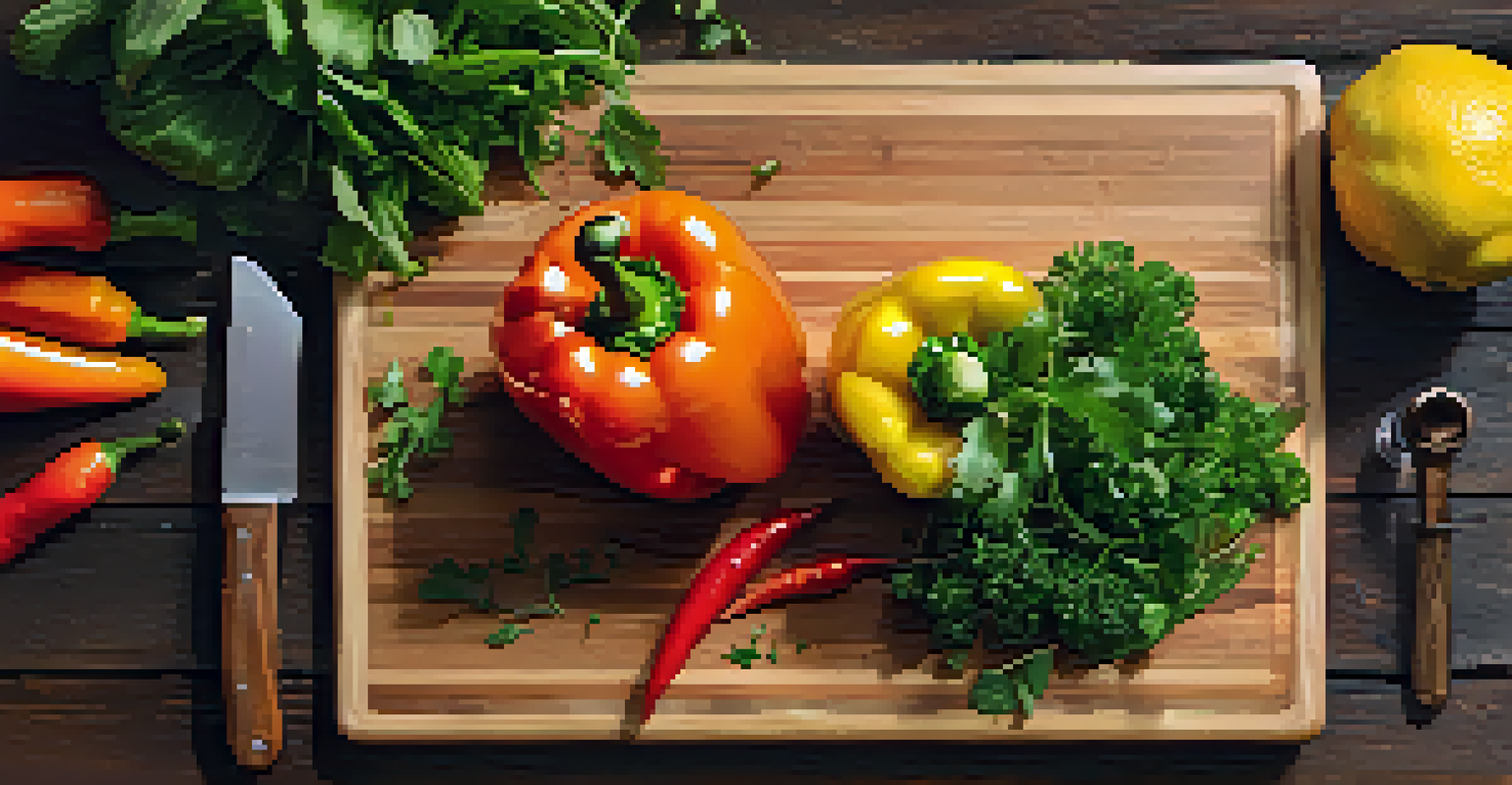 An overhead view of a cutting board with chopped vegetables and a bowl of sauce, showcasing vibrant colors.