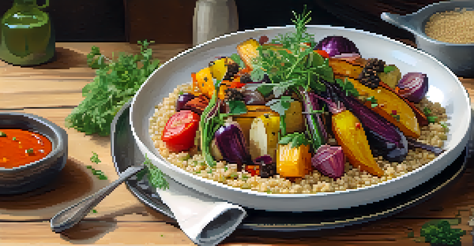 A close-up of a colorful vegan dish with roasted vegetables and quinoa on a rustic wooden table.