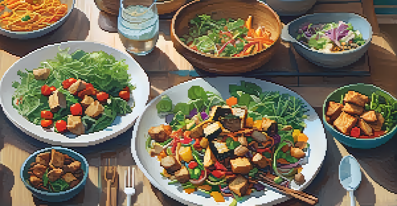 A dining table with various vegan dishes made from leftover ingredients, beautifully arranged.