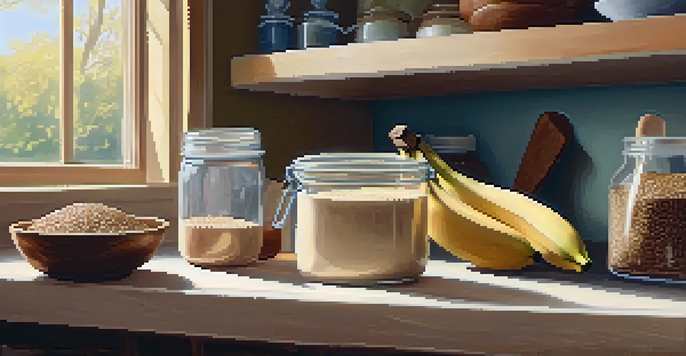 A sunny kitchen with a wooden table displaying vegan baking ingredients like bananas, applesauce, and flaxseed meal, with a mixing bowl of batter in the foreground.