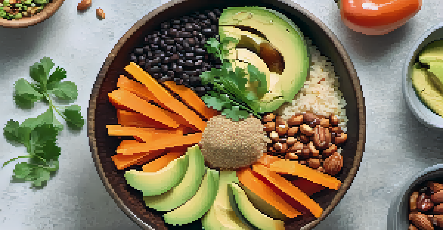 An overhead view of a colorful vegan meal bowl filled with quinoa, black beans, vegetables, and topped with avocado, set on a rustic wooden table.