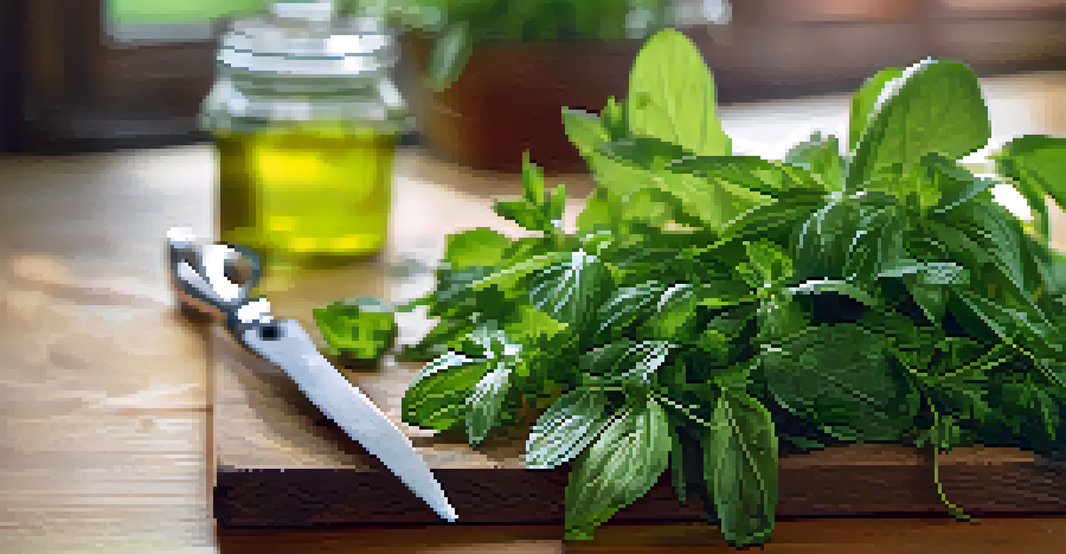 Freshly harvested basil and parsley arranged on a wooden cutting board, glistening with dew, with scissors nearby.