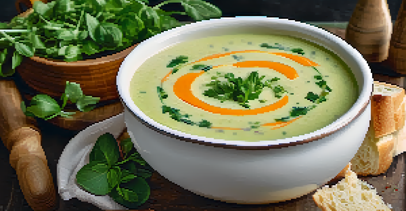 A creamy green vegan soup in a rustic bowl, garnished with herbs and coconut milk on a cozy kitchen table.