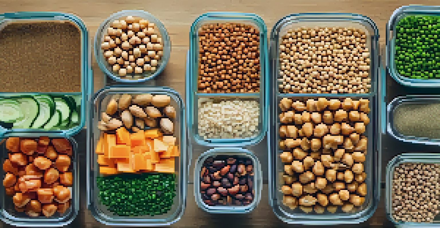 An overhead view of a meal prep area with containers of legumes, nuts, vegetables, and a notebook for planning.