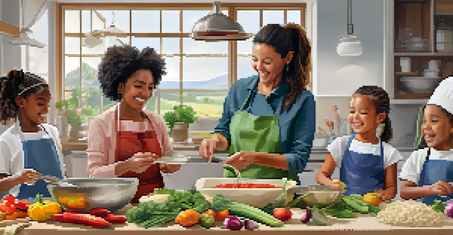 A lively cooking class with families participating in a hands-on challenge, featuring children chopping vegetables and enjoying the experience together.