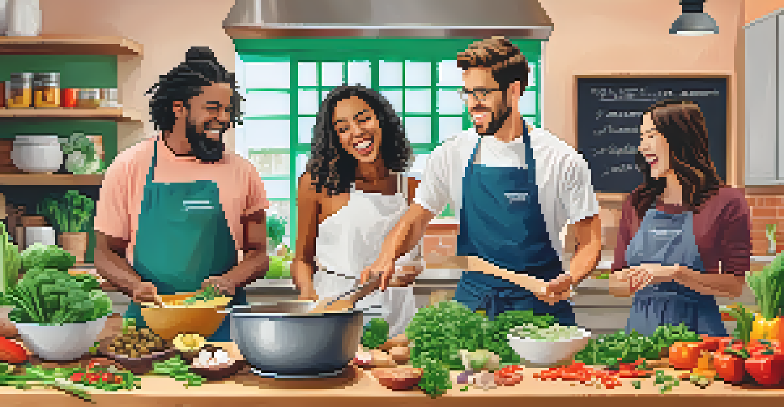 Participants in a vegan cooking class collaborating on food preparation, laughing and chopping vegetables in a bright kitchen.