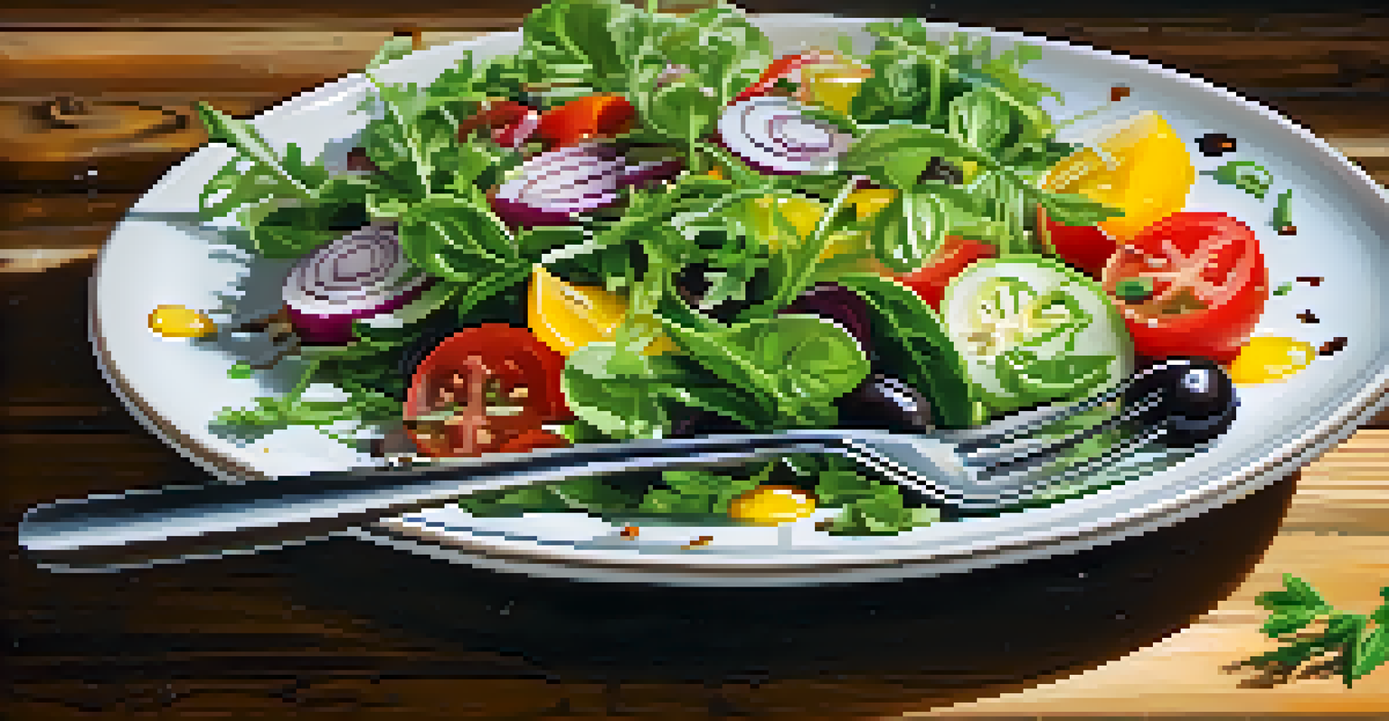 A close-up of a fresh salad drizzled with olive oil, highlighting the glossy texture and vibrant colors.